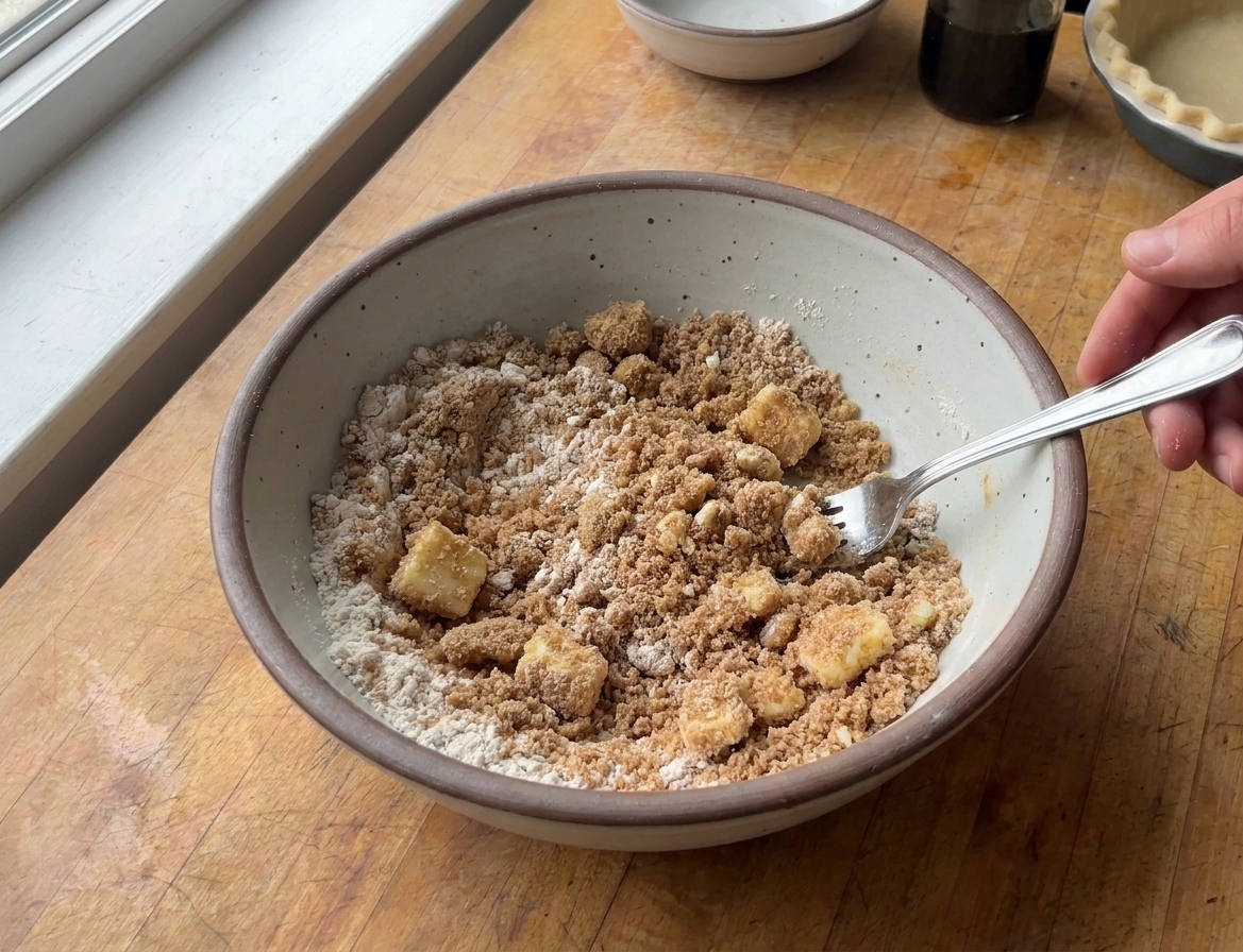 A mixing bowl of brown sugar crumb topping with flour and butter, showing sandy crumbs and small clumps, on a kitchen counter with a fork