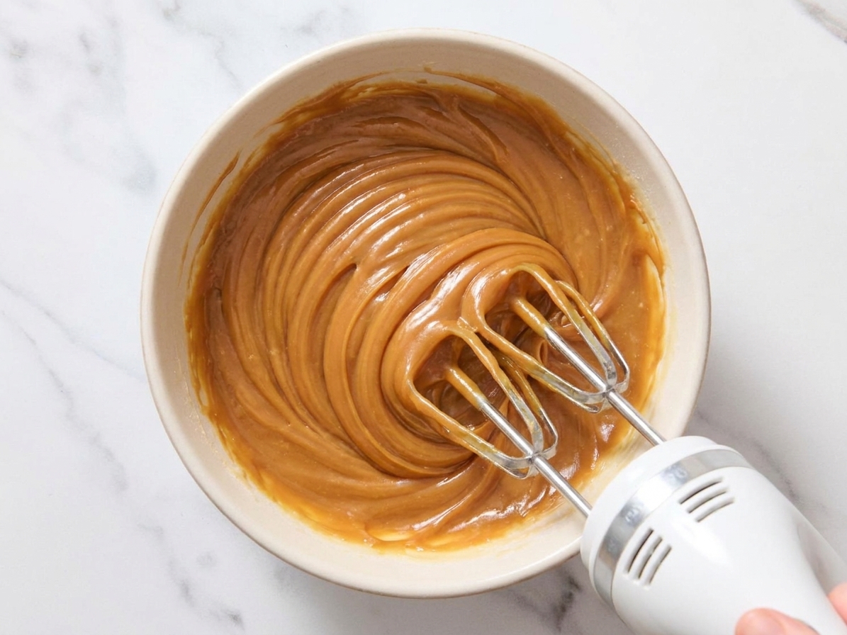 A mixing bowl of caramel frosting being beaten with a hand mixer, showing thick glossy ribbons