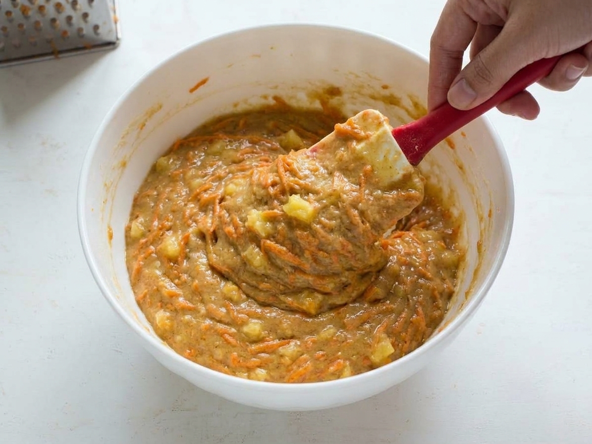 A mixing bowl of carrot cake batter with visible carrot shreds and crushed pineapple being folded with a rubber spatula