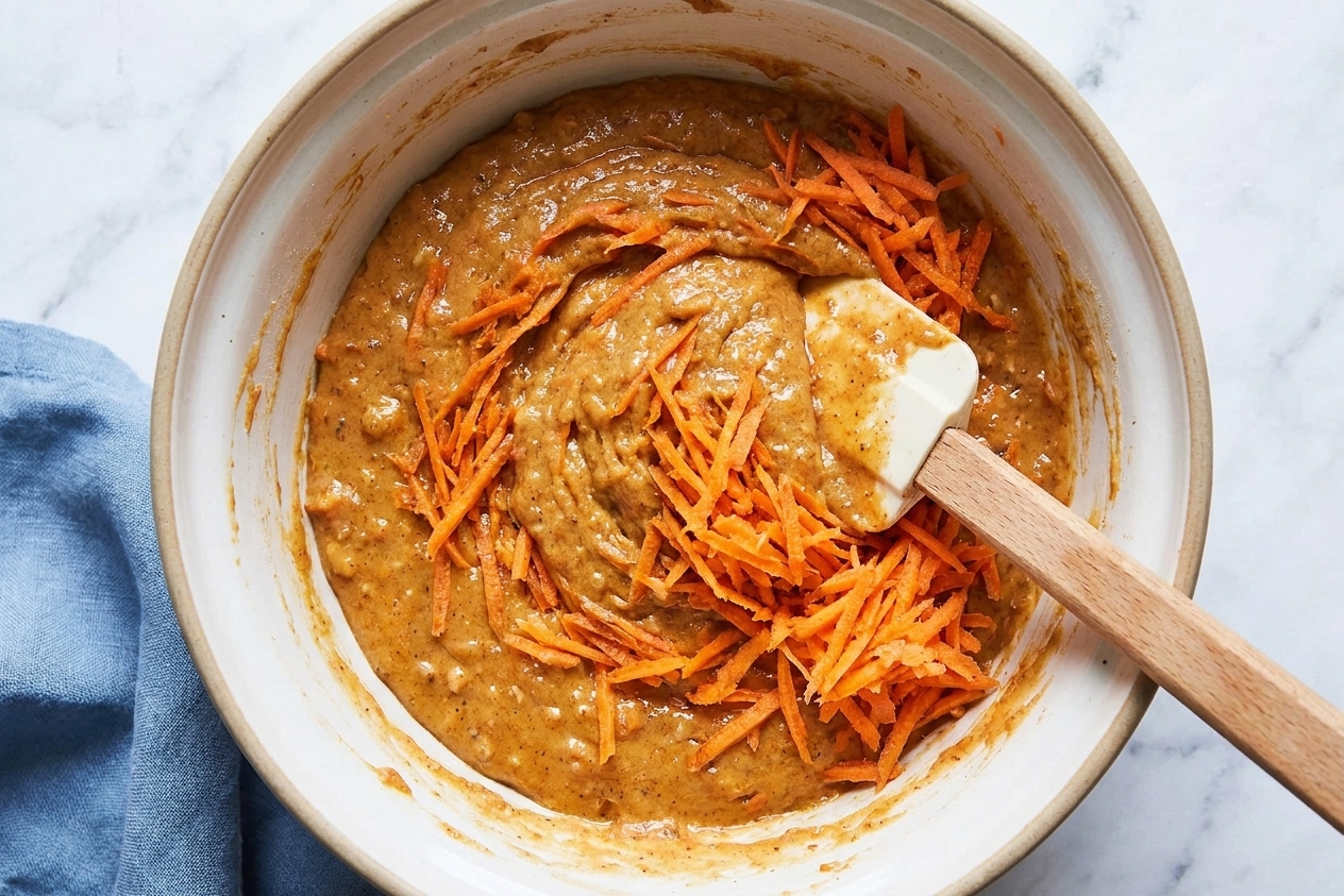 A mixing bowl of carrot muffin batter with visible shredded carrots being folded in with a rubber spatula