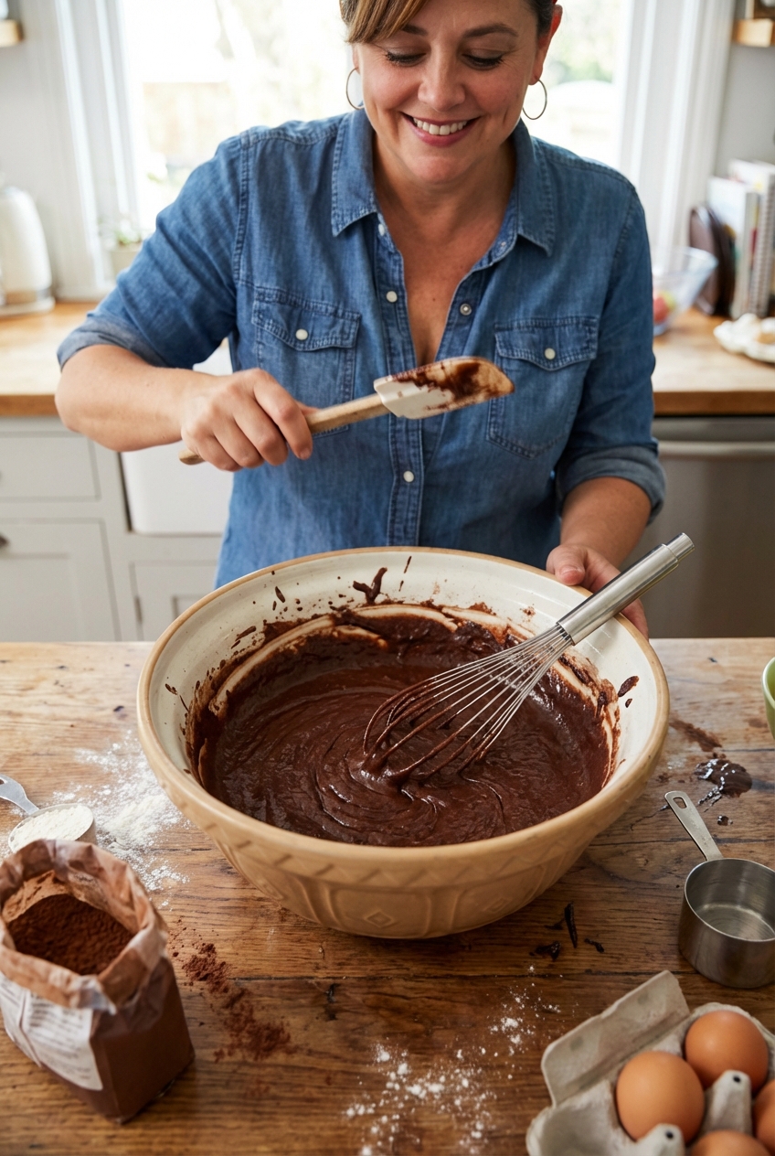 A mixing bowl of chocolate cake batter with a whisk resting inside on a countertop, photographed mid-prep