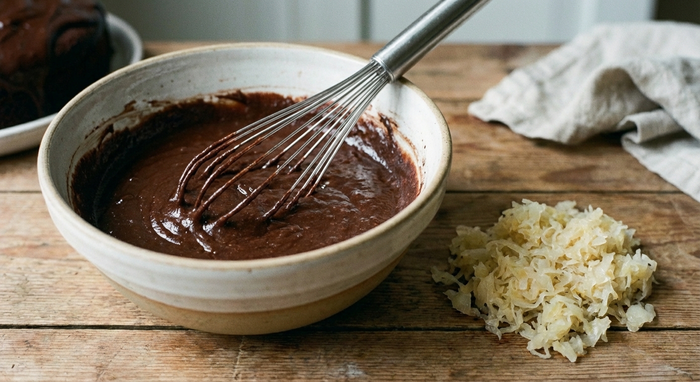 A mixing bowl of chocolate cake batter with a whisk and a small pile of well-drained, finely chopped sauerkraut ready to fold in