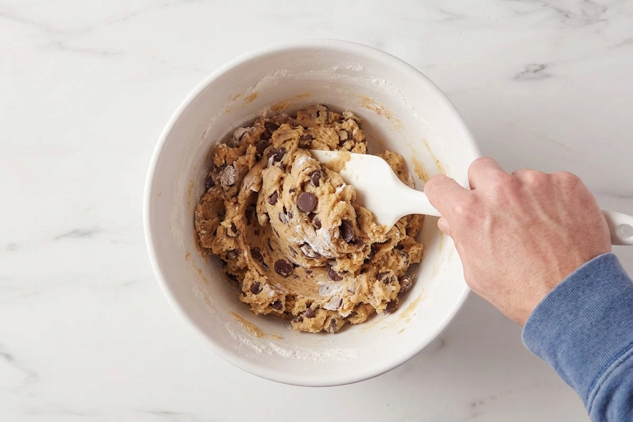 A mixing bowl of chocolate chip cookie dough being folded with a rubber spatula until just combined