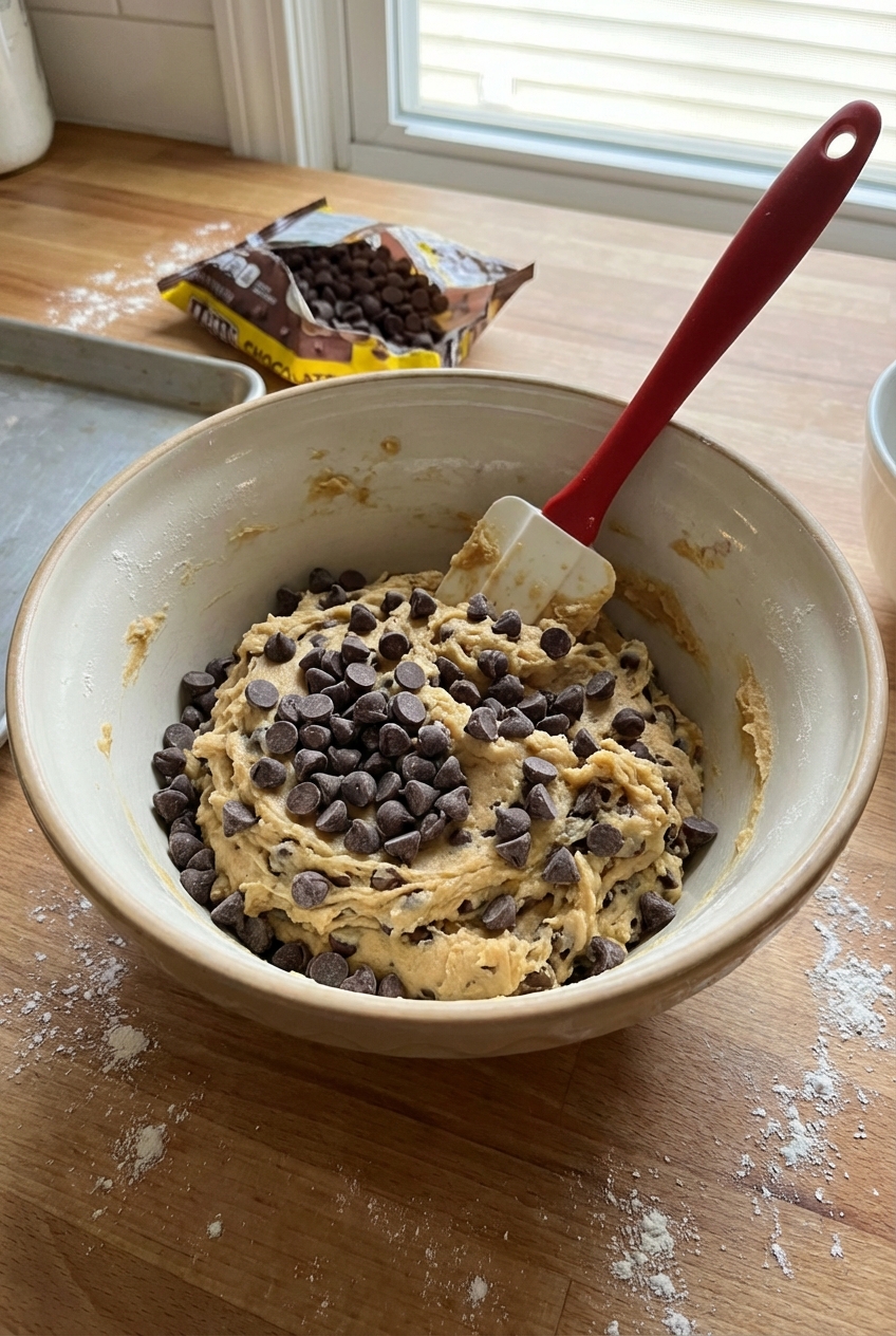 A mixing bowl of chocolate chip cookie dough with chocolate chips visible and a spatula resting in the bowl
