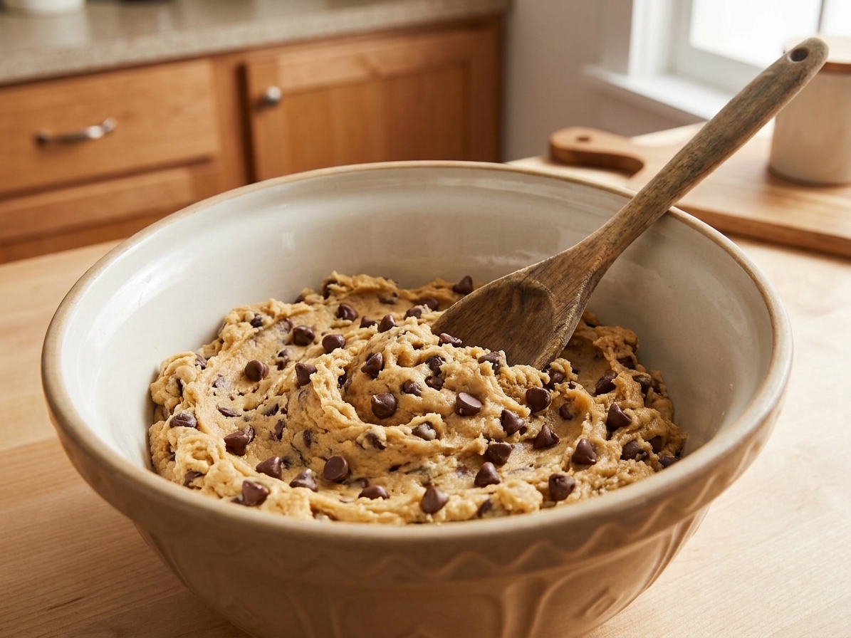 A mixing bowl of chocolate chip cookie dough with a wooden spoon, chocolate chips visible throughout