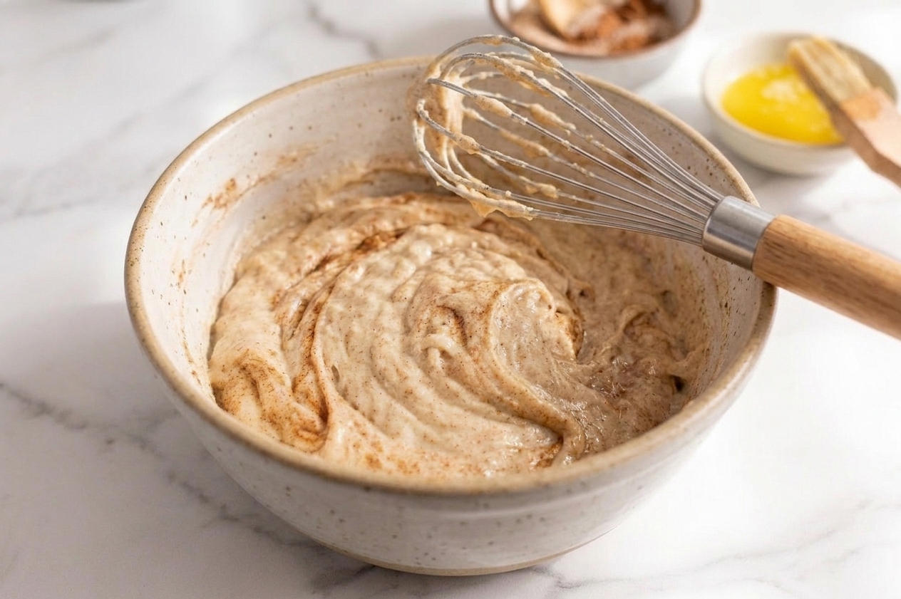 A mixing bowl of cinnamon-speckled muffin batter on a kitchen counter with a whisk resting on the rim