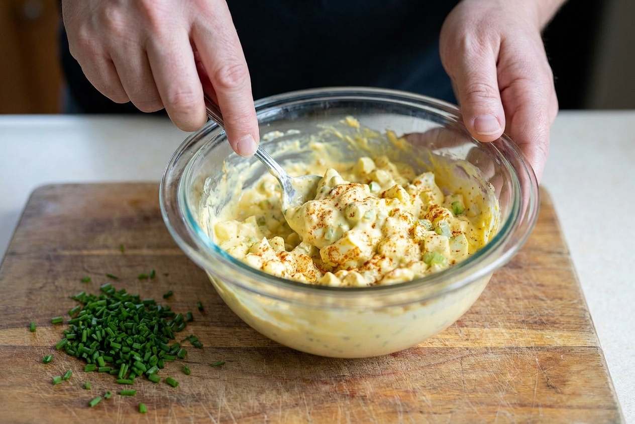 A mixing bowl of creamy deviled egg salad being stirred with a spoon on a wooden cutting board with chopped chives nearby