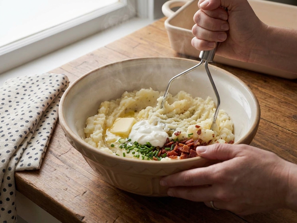 A mixing bowl of creamy mashed potato filling being mashed with a potato masher on a kitchen counter