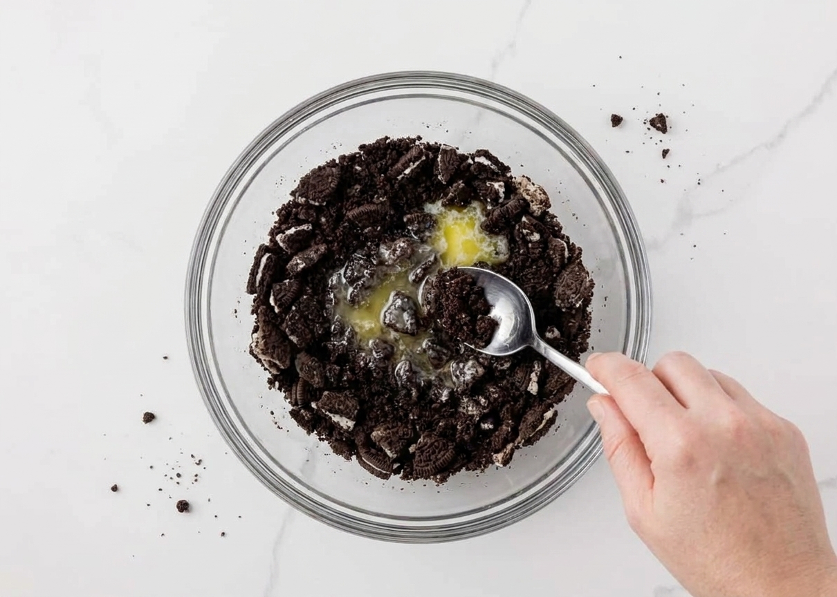 A mixing bowl of crushed Oreo crumbs being stirred with melted butter using a spoon