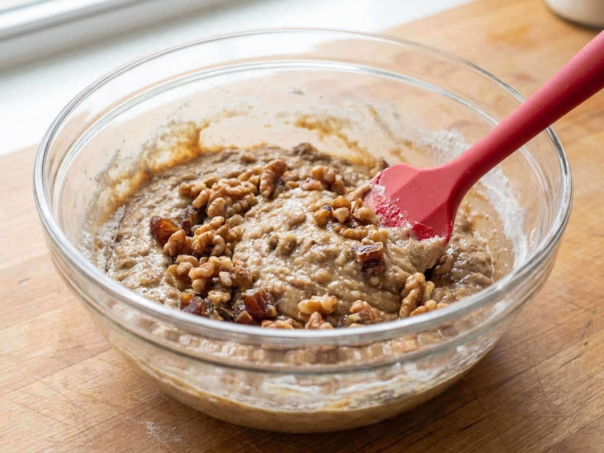 A mixing bowl of date nut bread batter being gently folded together with a rubber spatula
