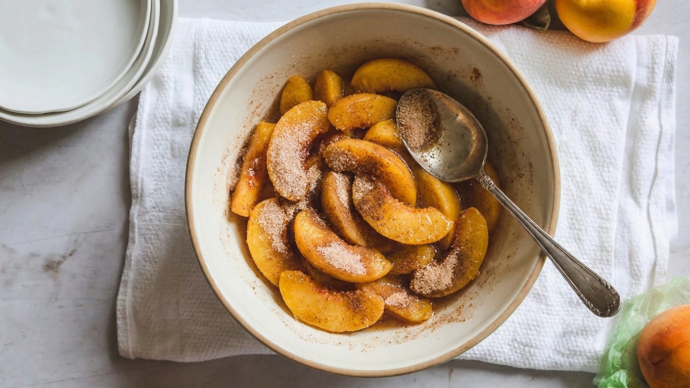 A mixing bowl of drained canned peaches tossed with cinnamon and sugar, with a spoon resting on the side
