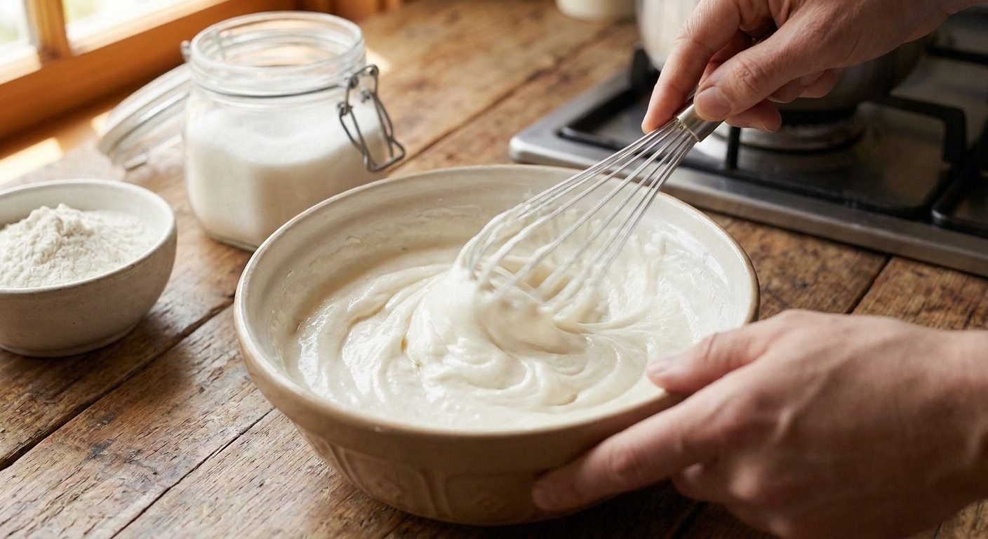 A mixing-bowl of finished ermine frosting being whipped until fluffy with soft peaks, on a bright kitchen counter