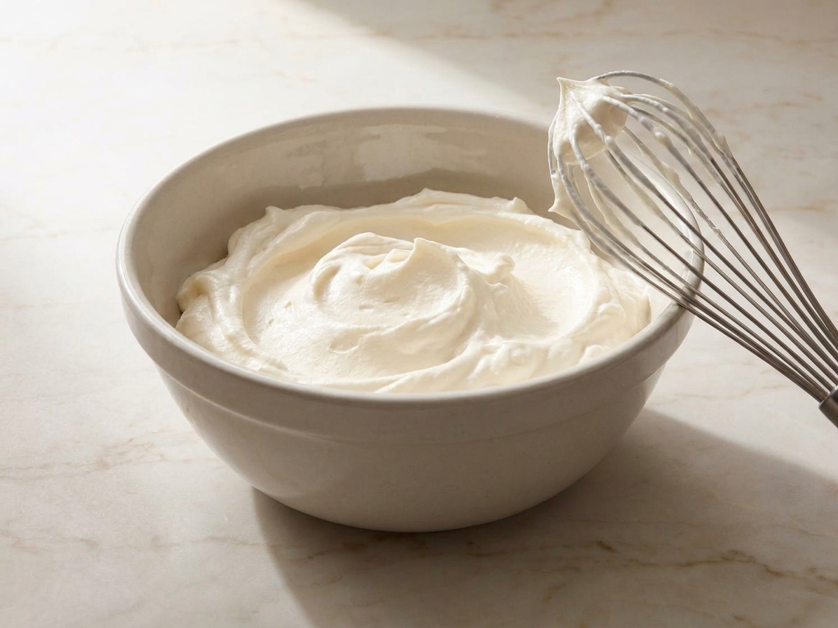 A mixing bowl of fluffy mascarpone whipped cream filling with a whisk resting on the side