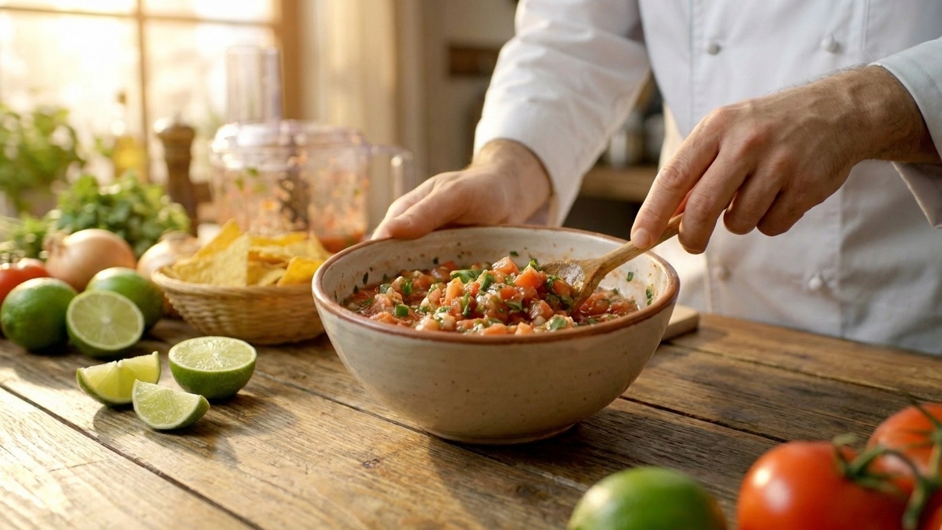 A mixing bowl of fresh salsa being stirred with a spoon on a kitchen counter with lime halves nearby