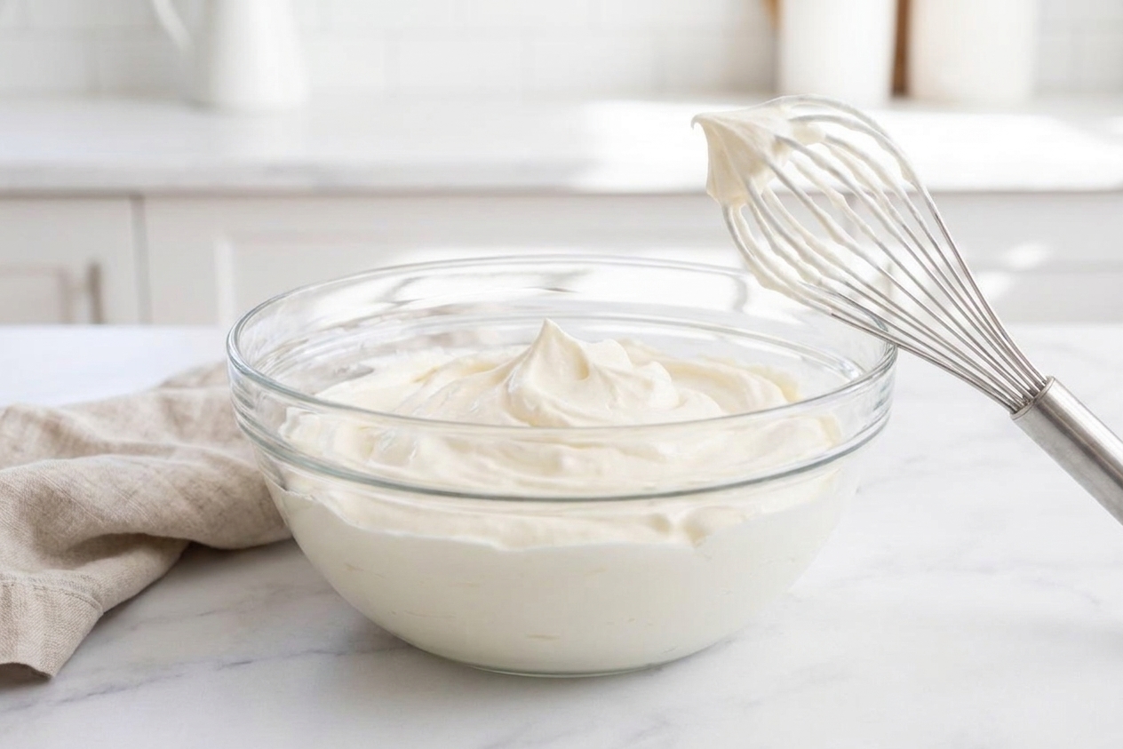 A mixing bowl of freshly whipped cream with soft peaks on a kitchen counter