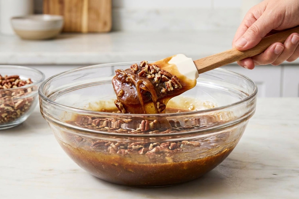 A mixing-bowl of glossy brown sugar filling with chopped pecans being folded in with a spatula on a kitchen counter