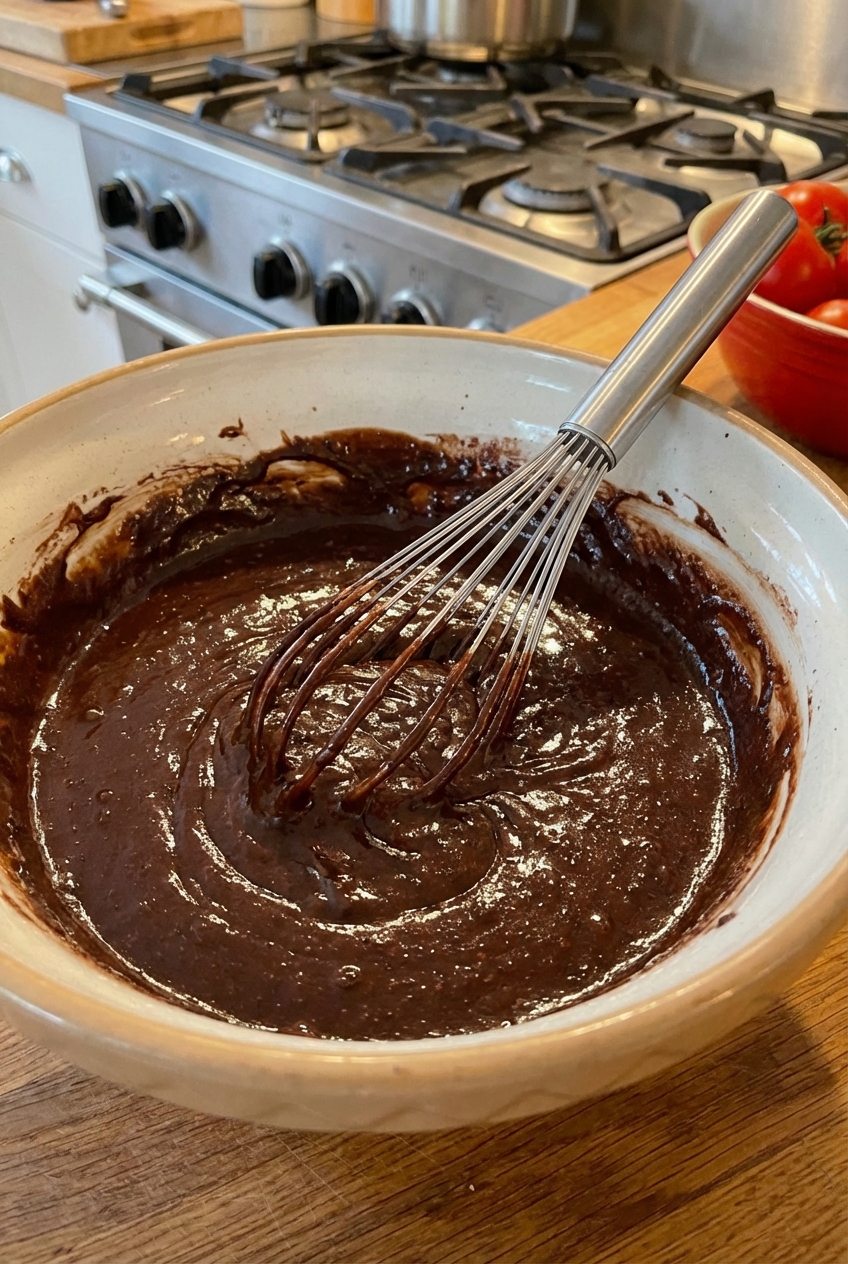 A mixing bowl of glossy brownie batter with a whisk resting inside