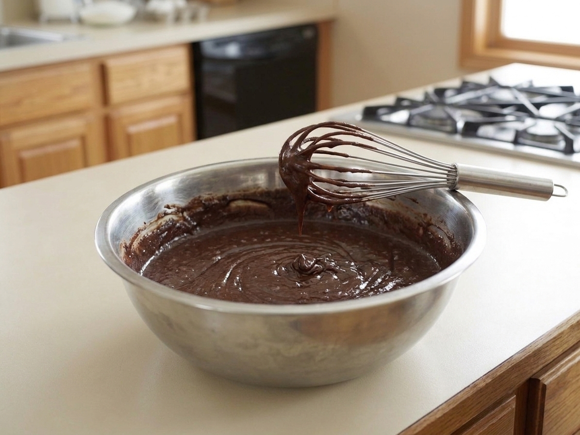A mixing bowl of glossy chocolate cake batter with a whisk resting on the side, sitting on a clean kitchen counter