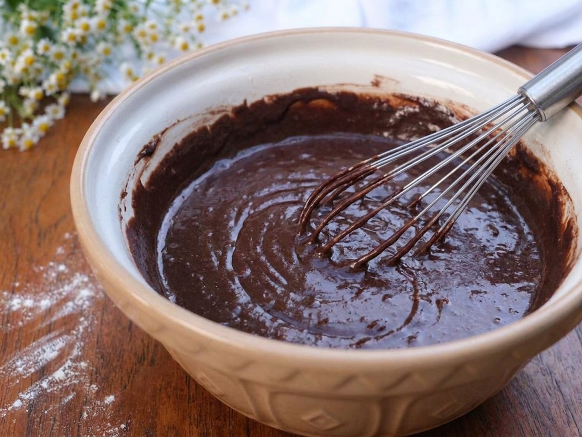 A mixing bowl of glossy chocolate cake batter with a whisk resting inside on a kitchen counter