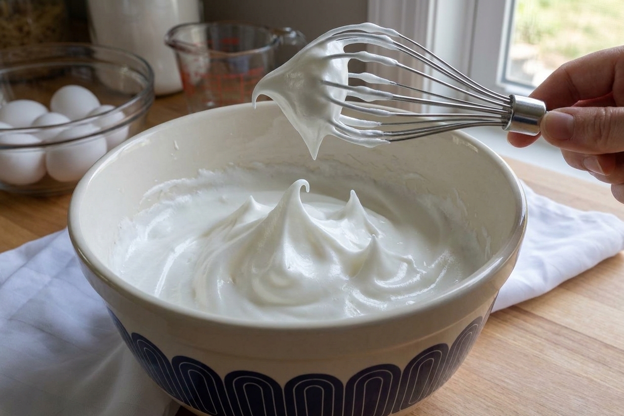 A mixing bowl of glossy egg whites whipped to stiff peaks with a whisk attachment lifted above the bowl
