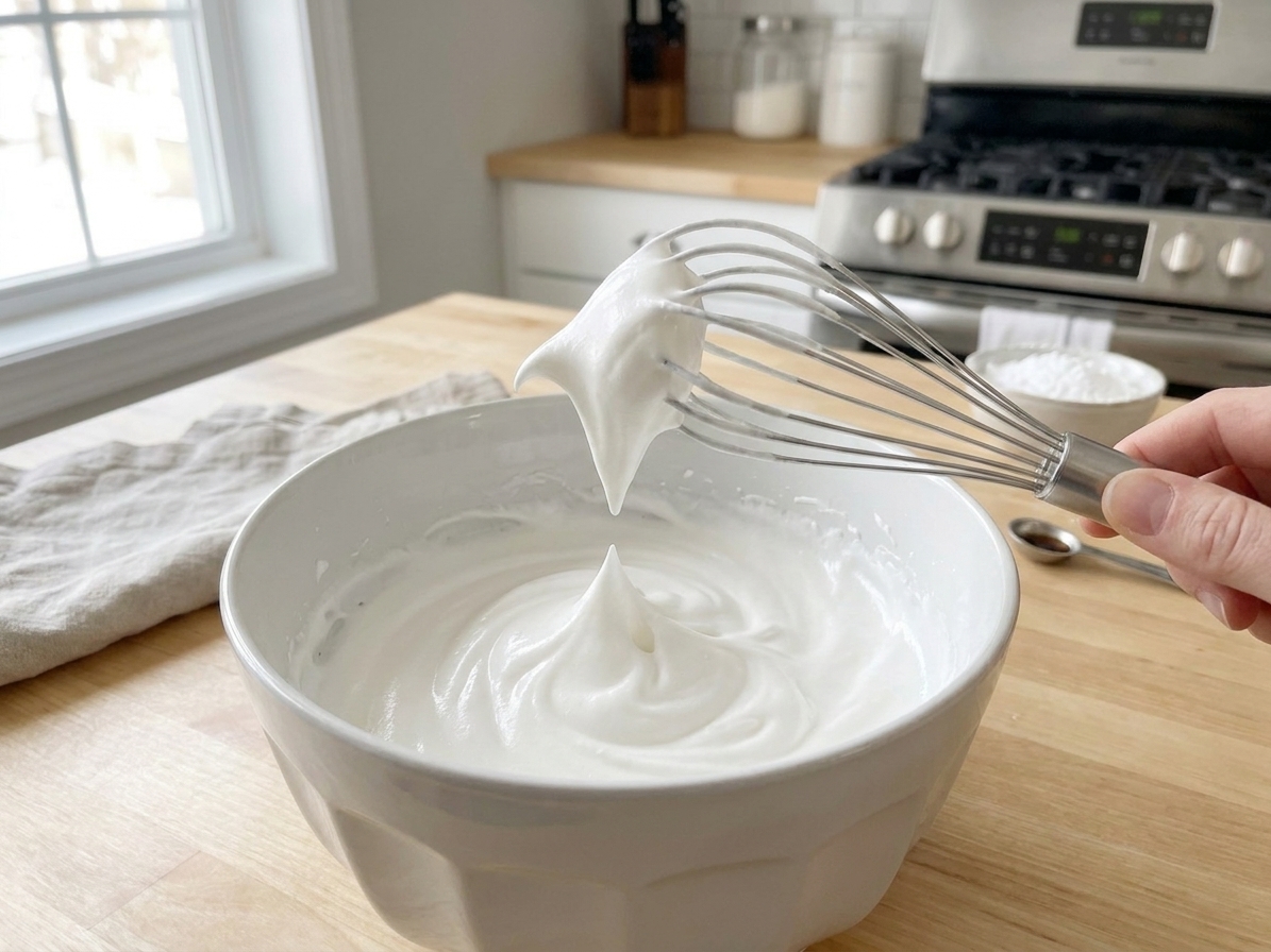 A mixing bowl of glossy meringue with a whisk lifted to show a stiff peak that holds its shape