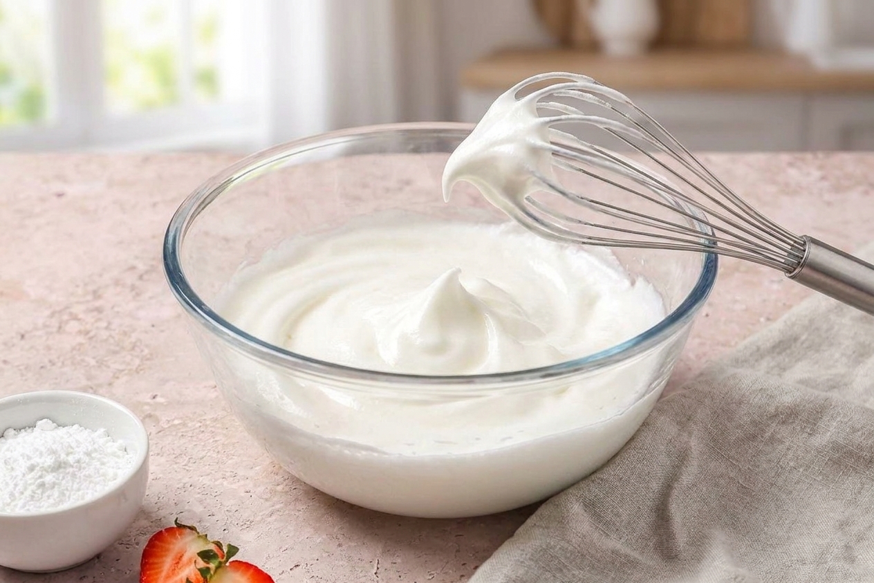 A mixing bowl of glossy whipped egg whites at medium-stiff peaks on a kitchen counter next to a whisk