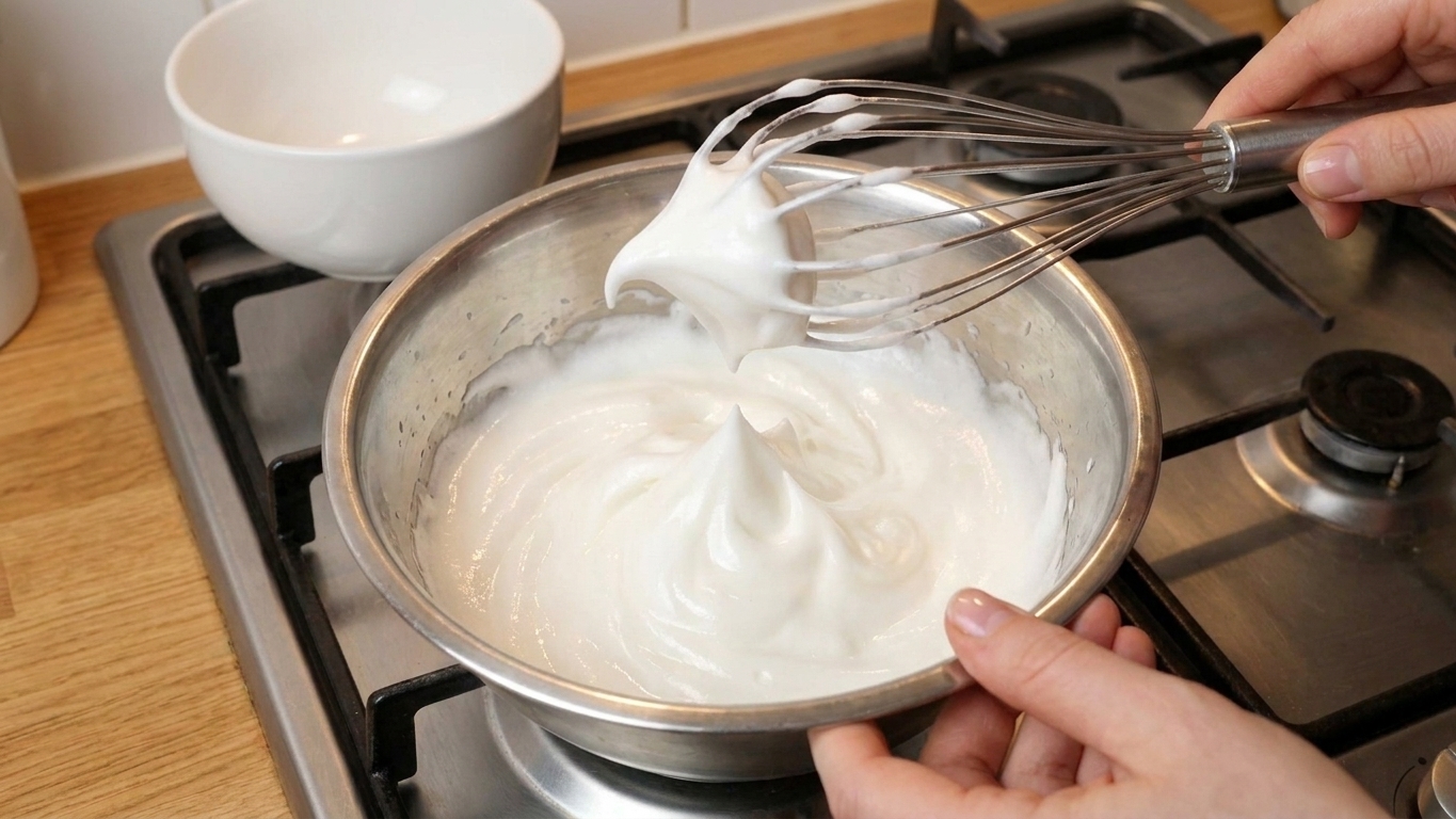 A mixing bowl of glossy whipped egg whites holding medium-stiff peaks, with a whisk lifted above the bowl