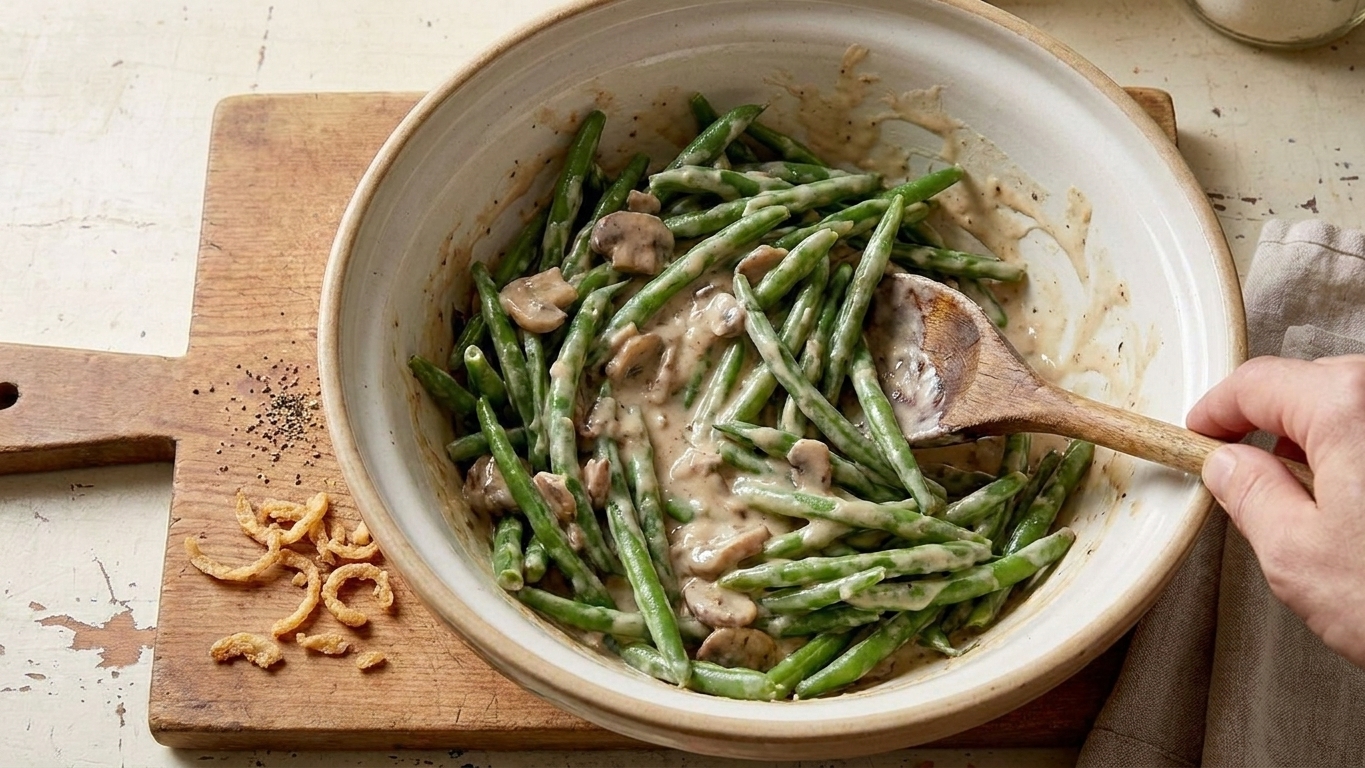A mixing bowl of green beans and creamy mushroom sauce being stirred with a wooden spoon on a kitchen counter