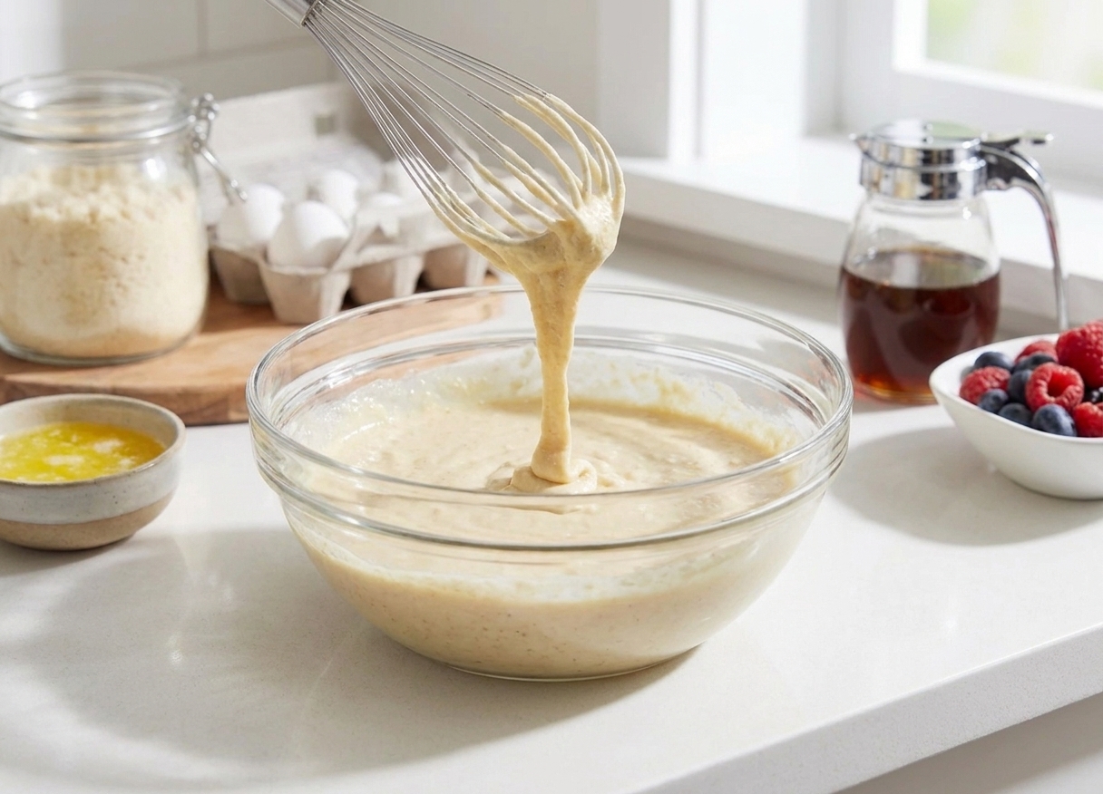 A mixing bowl of keto pancake batter with a whisk, showing a thick pourable texture on a clean kitchen counter