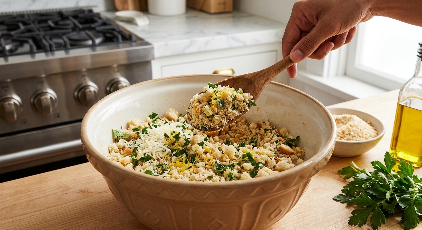 A mixing bowl of lemon garlic breadcrumb stuffing with parsley and Parmesan being stirred with a spoon on a kitchen counter