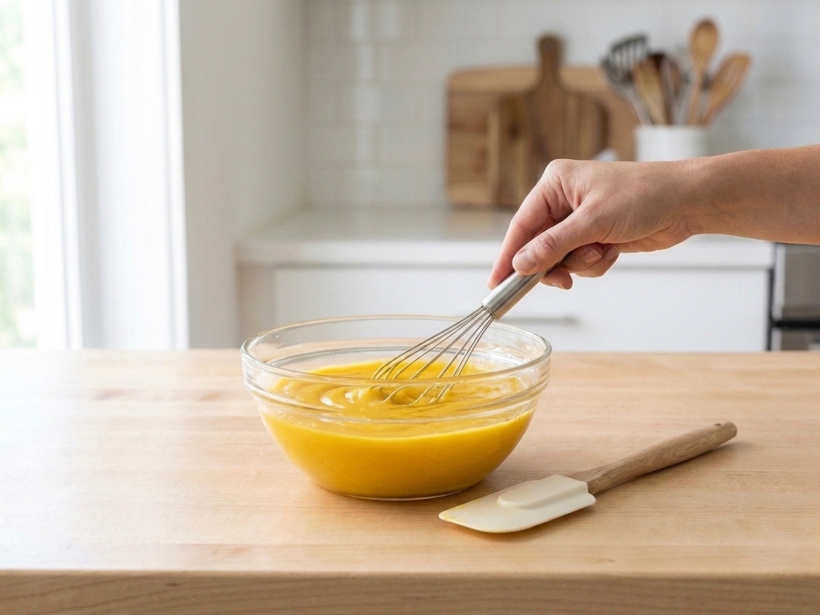 A mixing bowl of mango mixture being whisked until smooth on a stone countertop