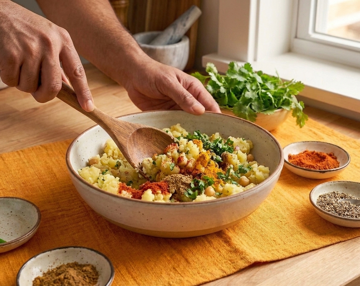A mixing bowl of mashed potatoes and chickpeas being stirred with spices and chopped cilantro