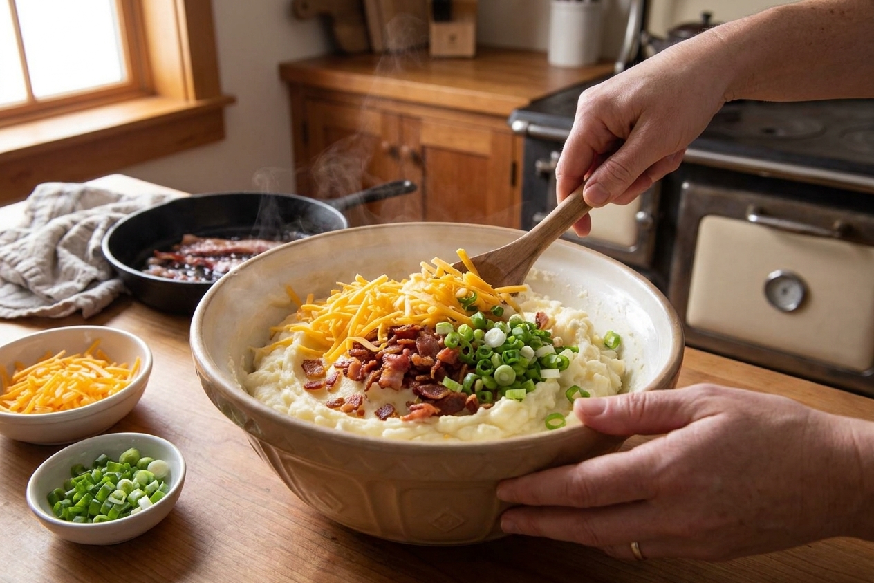 A mixing bowl of mashed potatoes being folded with shredded cheddar, chopped bacon, and sliced green onions