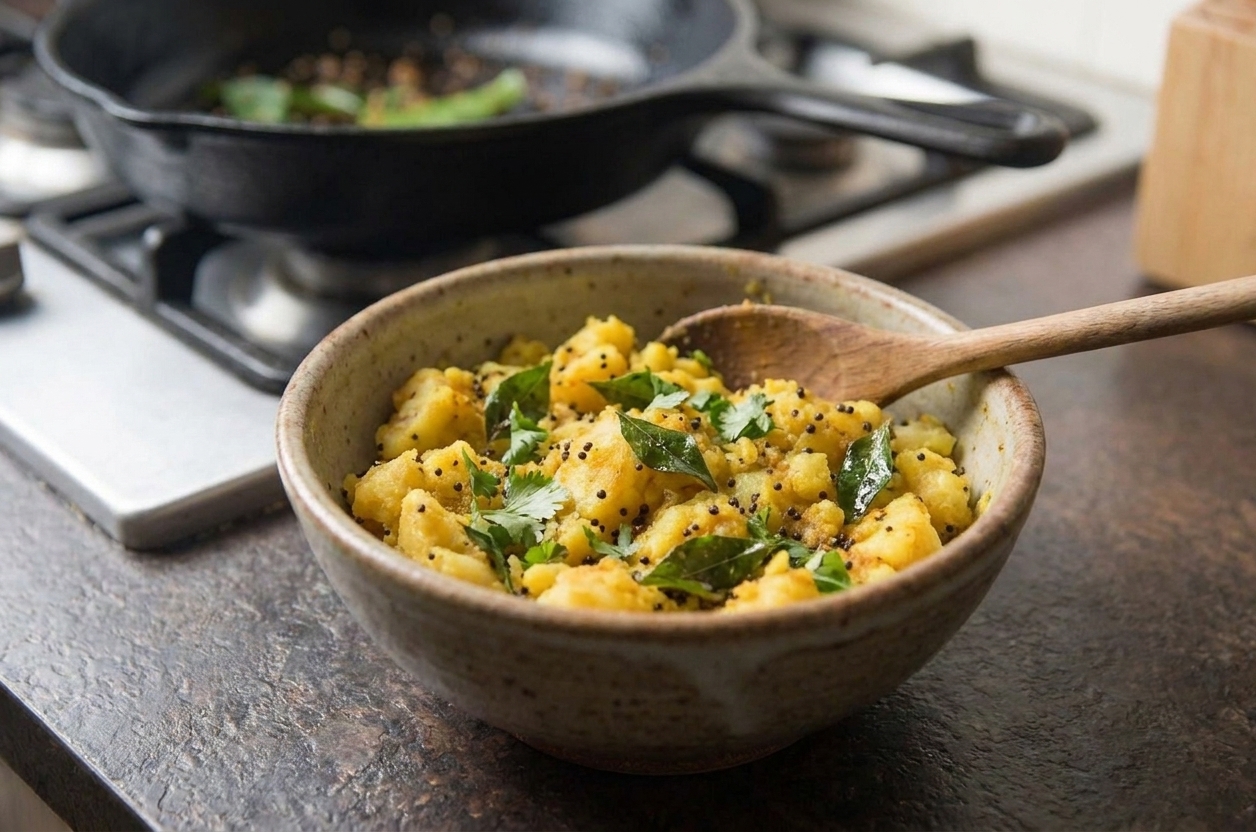 A mixing bowl of mashed potatoes with visible mustard seeds, turmeric, chopped cilantro, and curry leaves on a kitchen counter