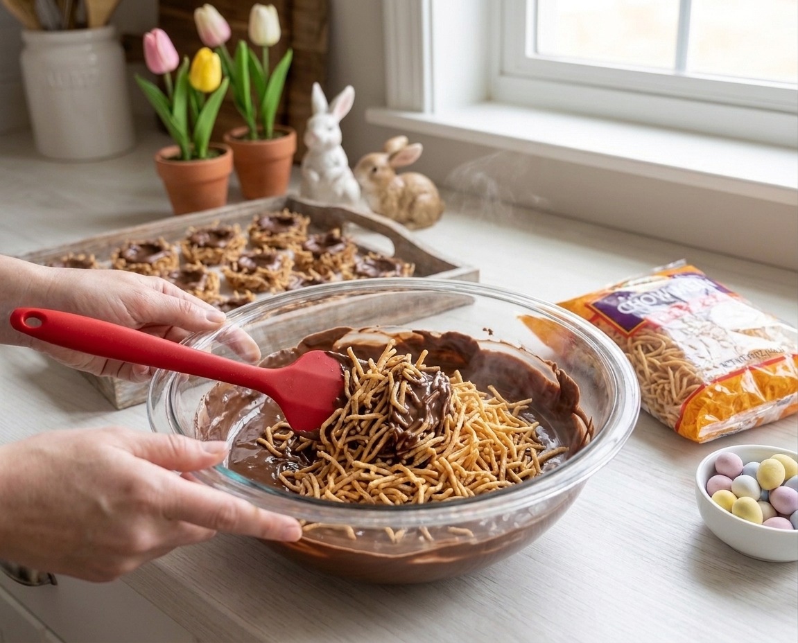 A mixing bowl of melted chocolate with chow mein noodles being folded in with a spatula on a kitchen counter