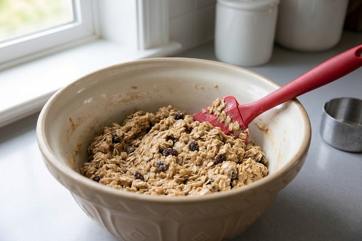 A mixing bowl of oatmeal cookie dough with rolled oats visible and a rubber spatula resting on the rim on a bright kitchen counter