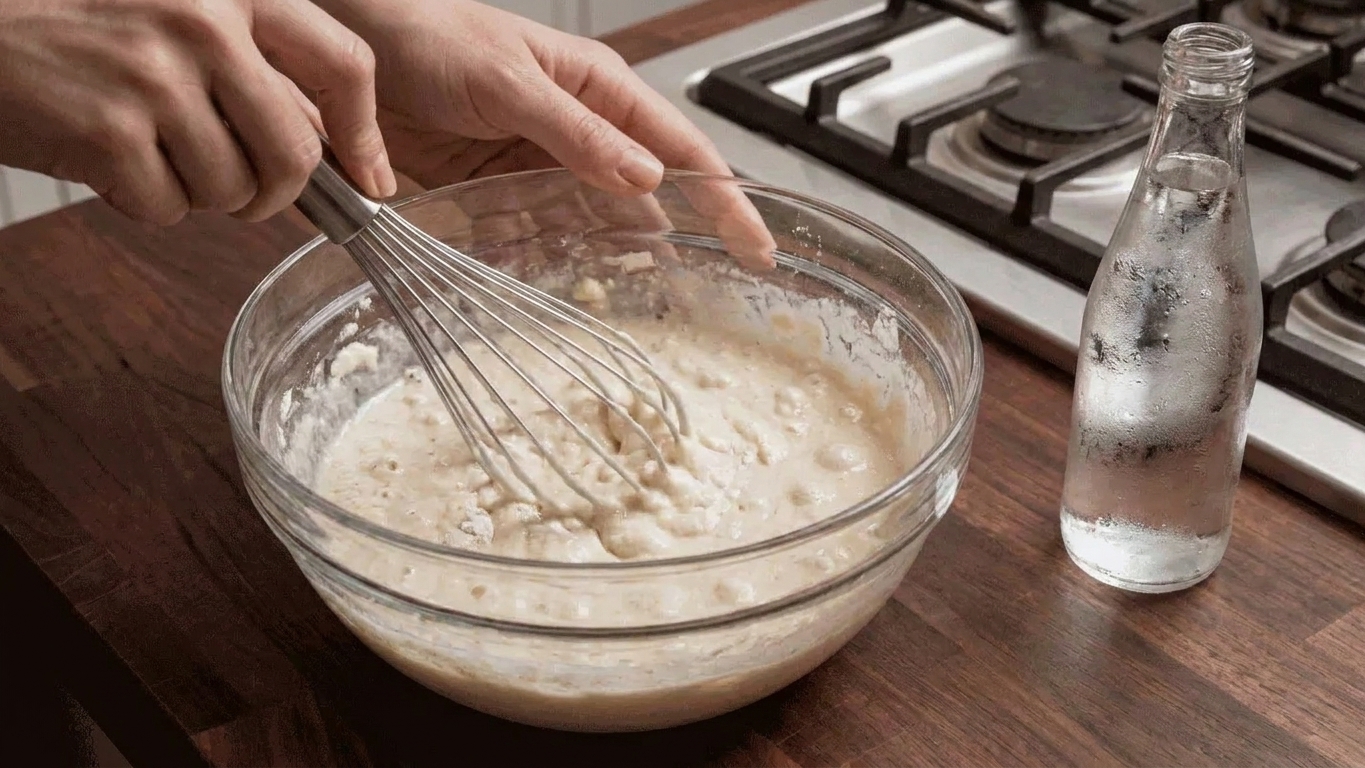 A mixing bowl of pale batter being whisked with visible small lumps on a kitchen counter next to a bottle of club soda