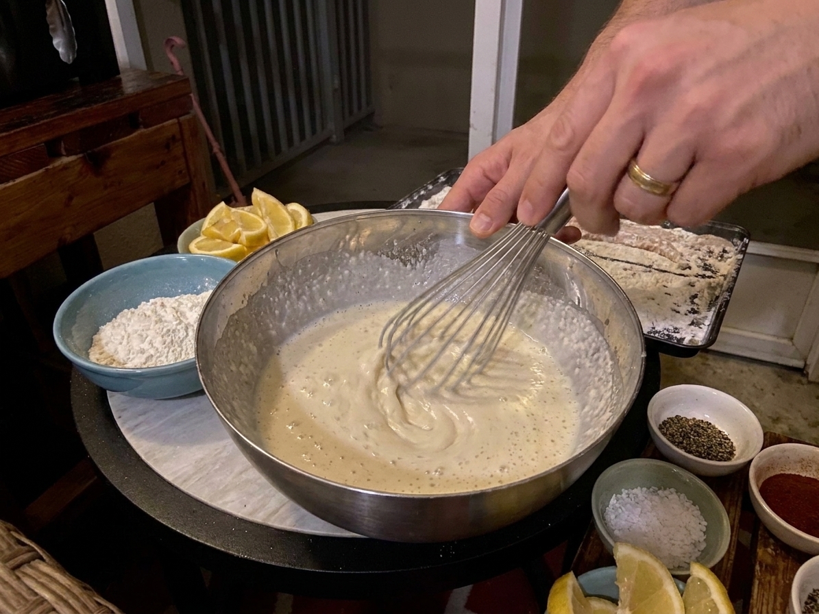 A mixing bowl of pale beer batter being whisked with dry ingredients visible on the counter nearby