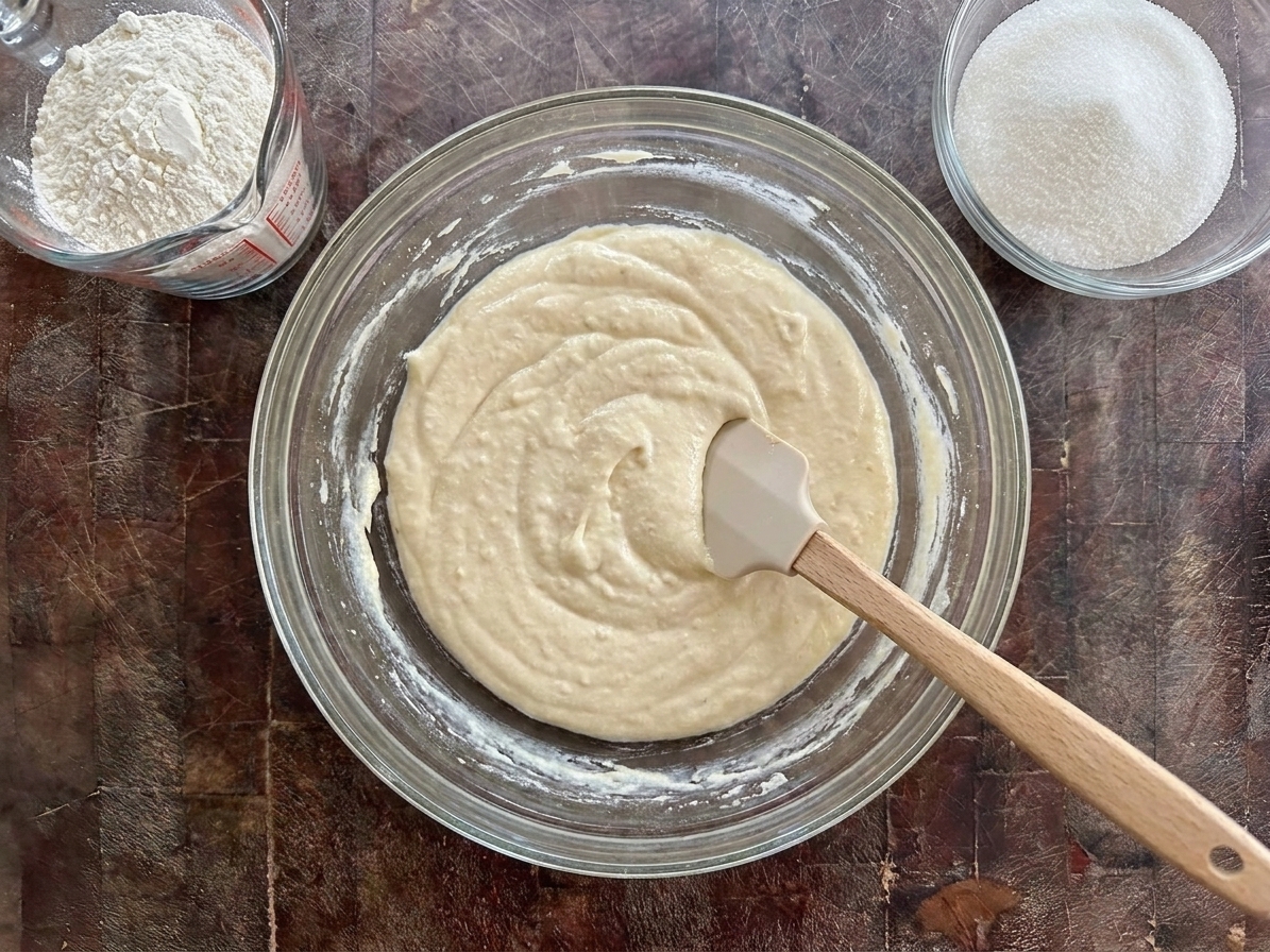 A mixing bowl of pale cake batter with a spatula on a light-colored kitchen counter next to measured flour and sugar