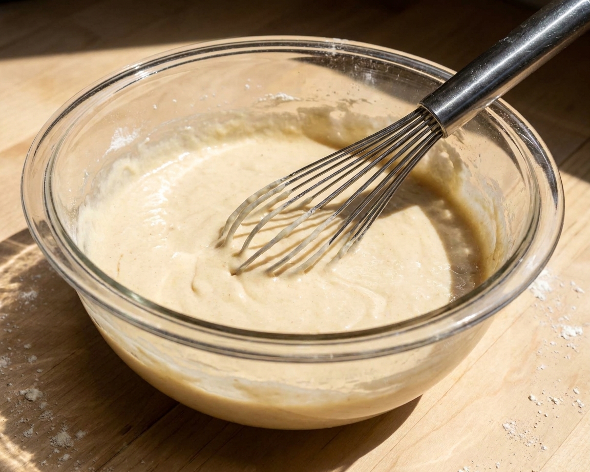 A mixing bowl of pale coffee cake batter with a whisk resting inside on a warm-lit kitchen counter