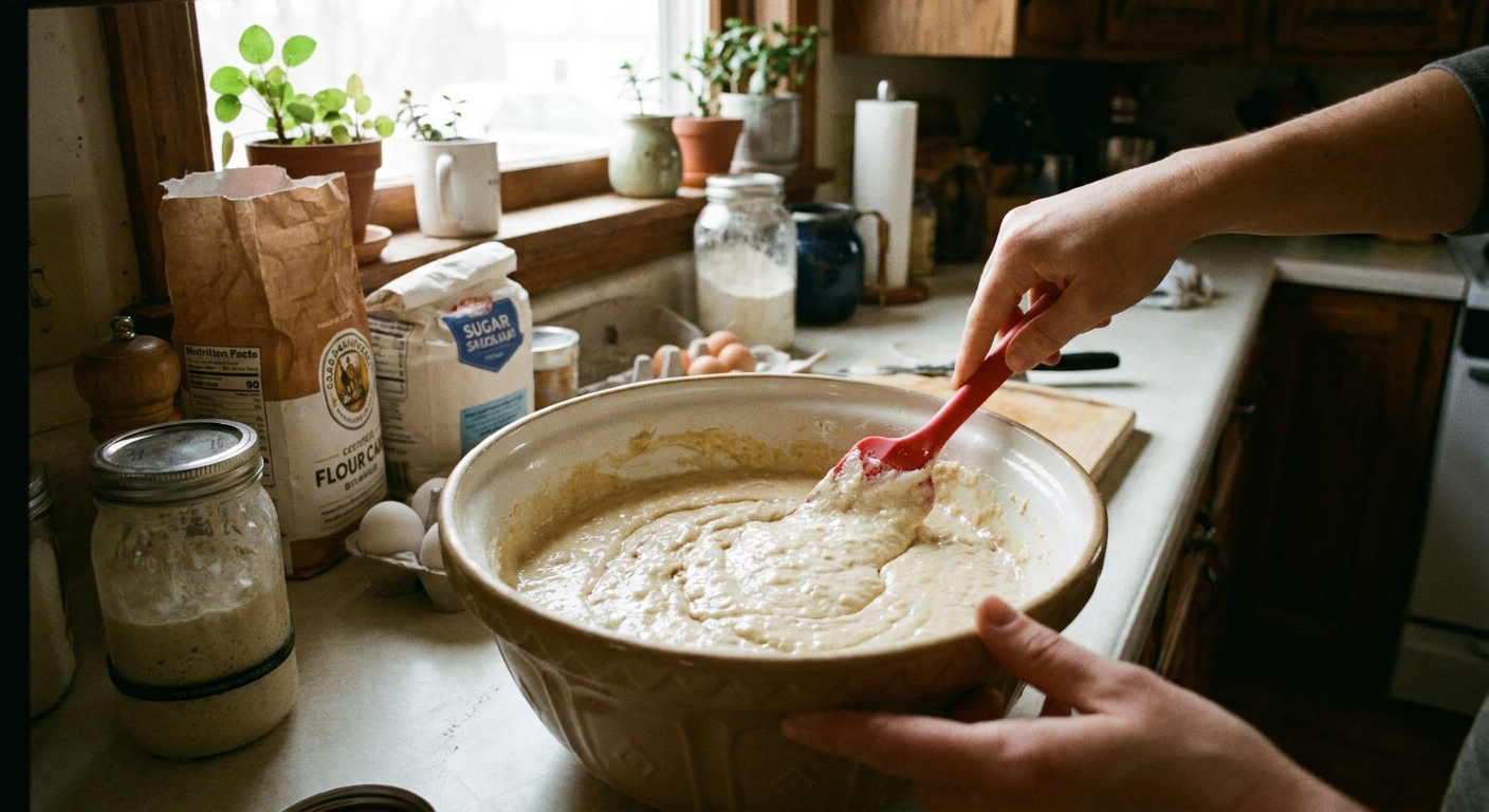 A mixing bowl of pale coffee cake batter with visible sourdough discard being folded in with a rubber spatula on a home kitchen counter, natural light