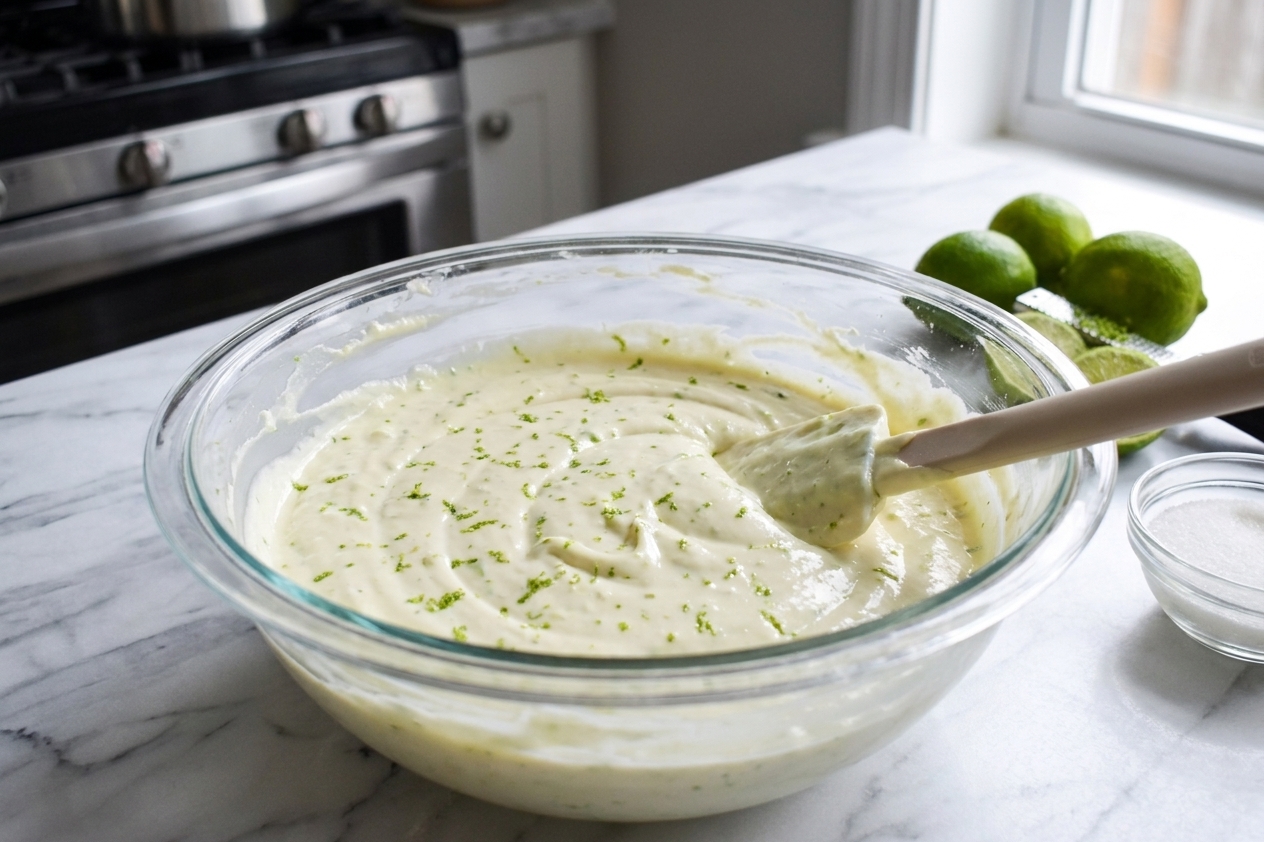 A mixing bowl of pale green-tinted key lime cheesecake batter with lime zest visible