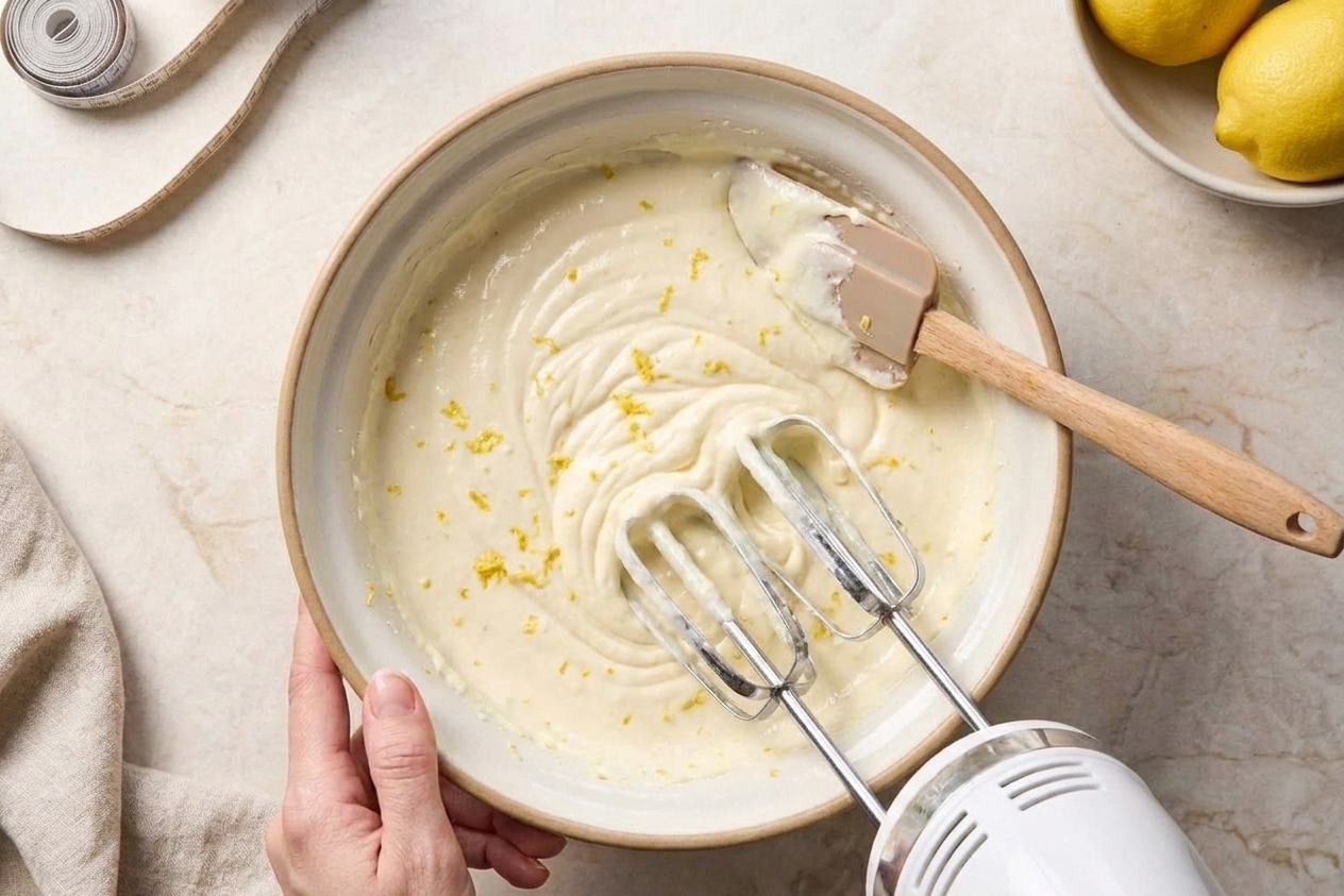 A mixing bowl of pale ricotta cheesecake batter being mixed with a hand mixer, with lemon zest visible and a spatula resting on the side