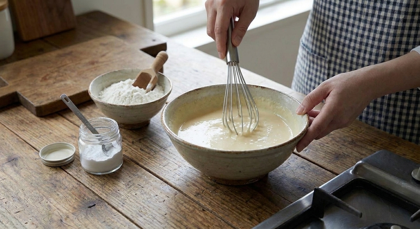 A mixing bowl of pale taiyaki batter being whisked on a kitchen counter with flour and baking powder nearby