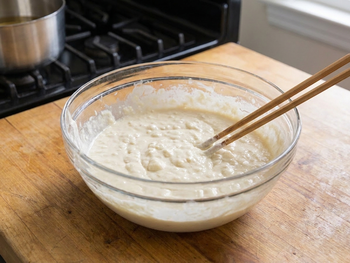 A mixing bowl of pale tempura batter with visible small lumps, with chopsticks resting on the rim on a kitchen counter