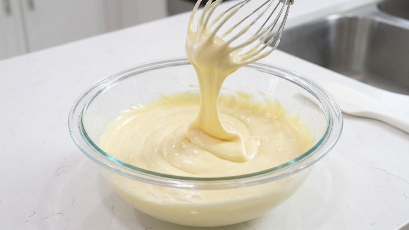 A mixing bowl of pale, thick whipped eggs and sugar with a whisk attachment lifted above, showing a ribbon of batter falling back into the bowl