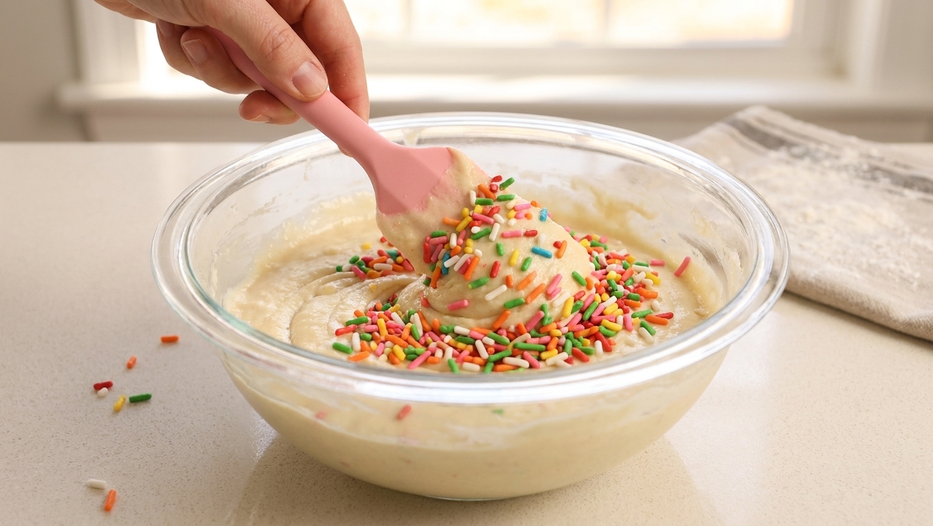 A mixing bowl of pale vanilla cake batter with rainbow sprinkles being folded in with a rubber spatula on a kitchen counter