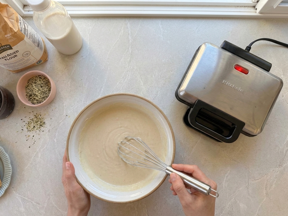 A mixing bowl of pale vegan waffle batter being whisked on a kitchen counter, with a waffle iron heating nearby