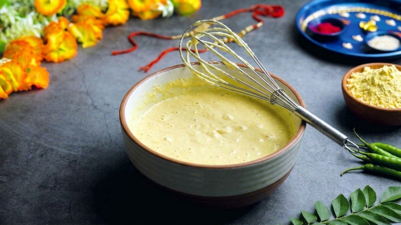 A mixing bowl of pale yellow besan and yogurt batter with a whisk resting on the rim on a clean kitchen counter