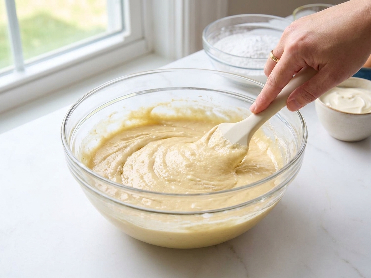 A mixing bowl of pale yellow cake batter being folded with a rubber spatula until just combined